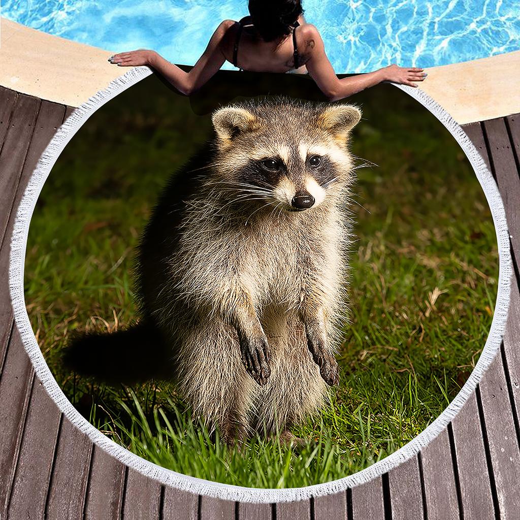 Wild Animal Raccoon Round Beach Towel Soft Microfiber Beach Blanket Sand Free Quick Dry Circle Bath Towel Absorbent Yoga Mat