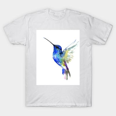Asian Size Men Print T-shirt Turquoise Blue Hummingbird Artwork, Design No-Cut Heat Transfer Print Cotton Tshirt