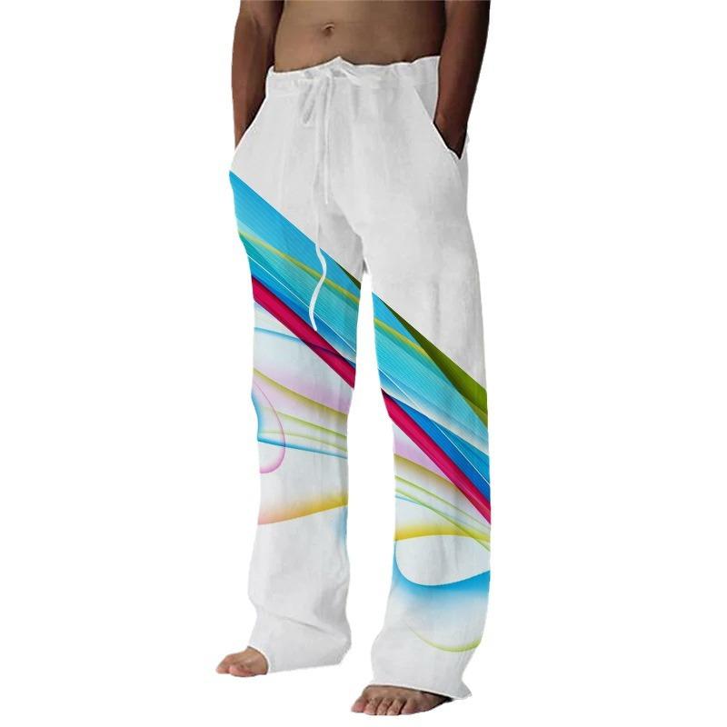 Nové kalhoty 3D kreativní potisk ležérní pánské volné stahovací lněné kalhoty se širokými nohavicemi