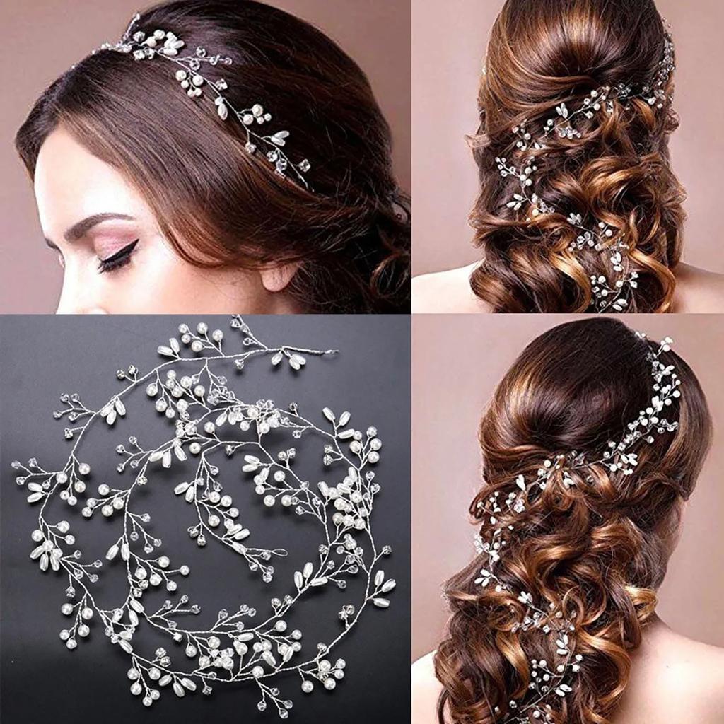 Bridal Headpiece Handcrafted Pearl Rhinestones Decoration Hair Accessory Headdress for Wedding Prom 19.7in