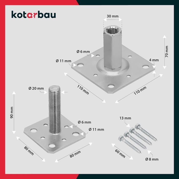 Post Support 80 X 80 Mm - Adjustable Height from 90 To 150 Mm - Galvanized Screw-in - KOTARBAU®
