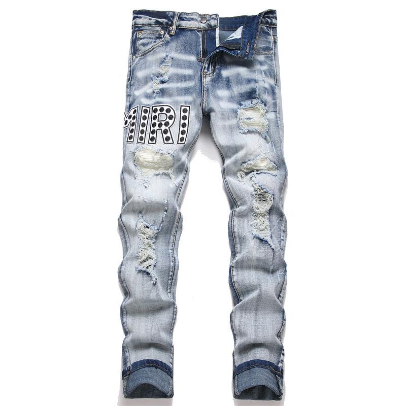 New Stock Street Trendy Jeans For Men's Youth Embroidered Men's Style Ripped Hole Slim Fit Elastic High Street Small Leg Pants