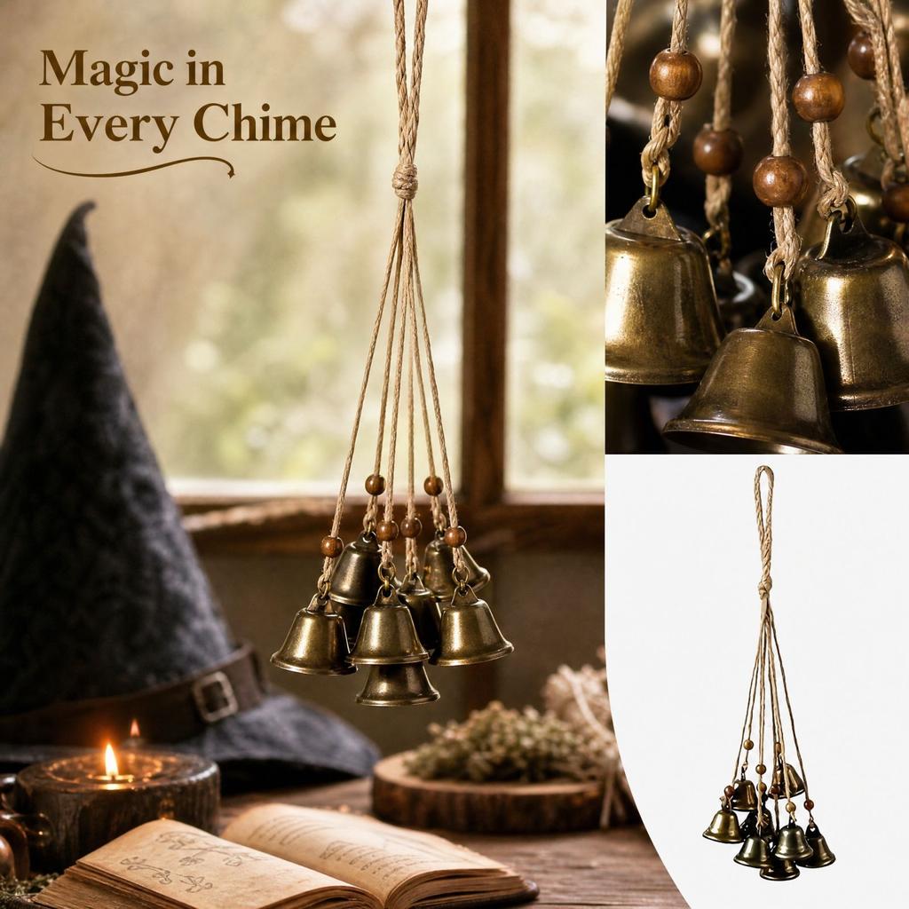 Jute Rope Witch Bells Halloween Hanging Decoration with 8 Coffee Beads and 8 Bells