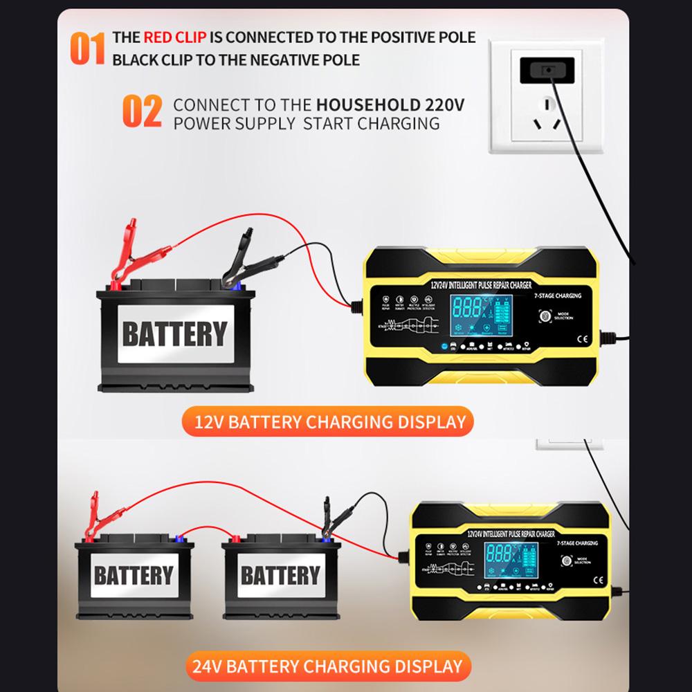 Car Battery Charger Full Auto Motorcycle 12V 24V Pulse Repair LCD Display Smart Fast Charge AGM Deep Cycle GEL Lead-Acid Charger