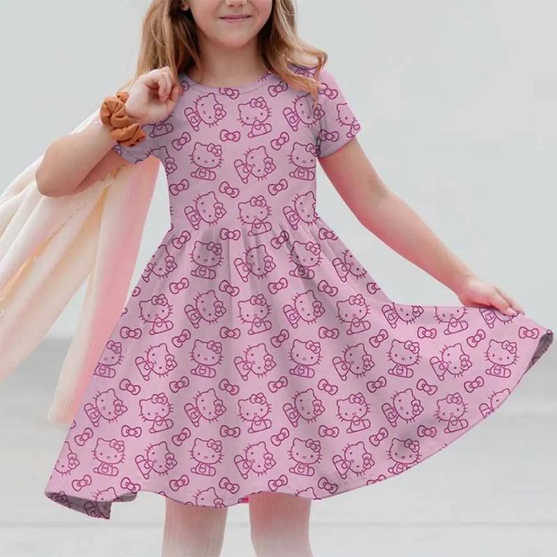 New Summer Dress Fashion Cartoon Cute Hello Kitty 3D Print Dresses Kids Short Sleeve Princess Girls Party Children Clothes