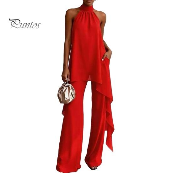Completo da Donna Set da Casa da Donna, Completi in Chiffon da Donna a 2 Pezzi, Top Asimmetrici con Scollo all'Americana Senza Maniche con Abbigliamento Traspirante Pantaloni a Gamba Larga Outfit Estivi, Casual