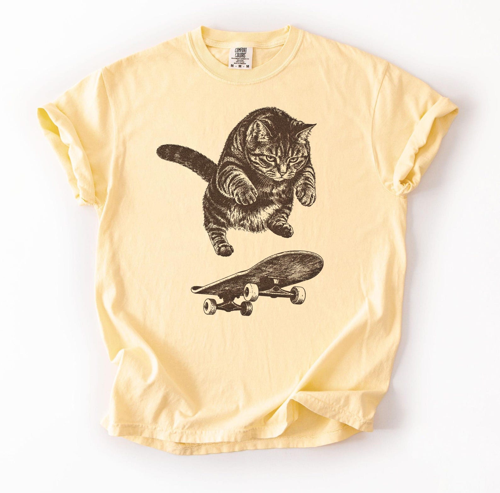 Retro Skateboarding Cat T-Shirt, Vintage Punk Streetwear Tee, Y2K Graphic Top S