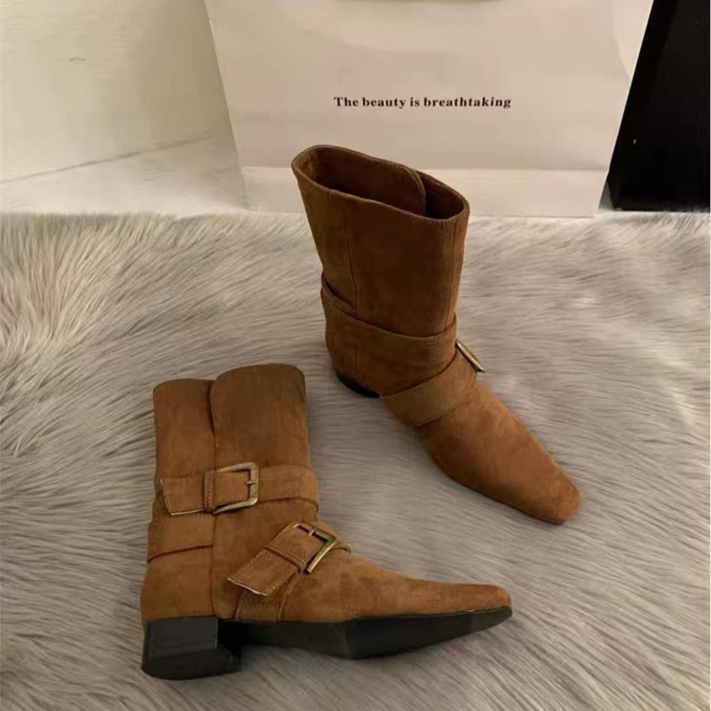 2025 Korean version of the new niche design retro French short boots small square head western boots suede medium boots women's boots
