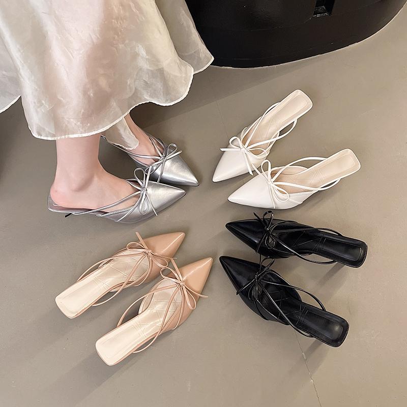 Moda Nuevo Popular Puntera Lazo Tacón Alto Zapatillas Medias de Verano para Mujer Baotou Boca Baja Sexy Sandalias y Zapatillas de Tacón Fino