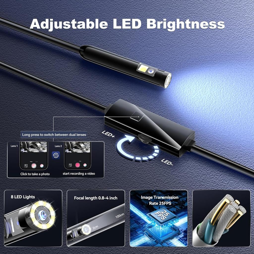 [Dual-Lens] Endoscope Camera with Light, 1920P HD Borescope with 8+1 Adjustable LED Lights, IP67 Waterproof Endoscope with 16.5ft Semi-Rigid Cable