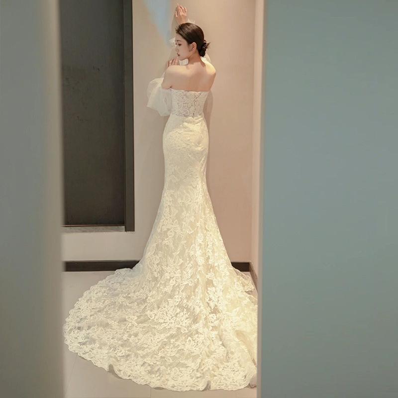 One-word Shoulder Lace Fishtail Light Wedding Dress Bridal Mori Tube Top Going Out Dress Super Fairy French Long-sleeved Trailing Dress Skirt