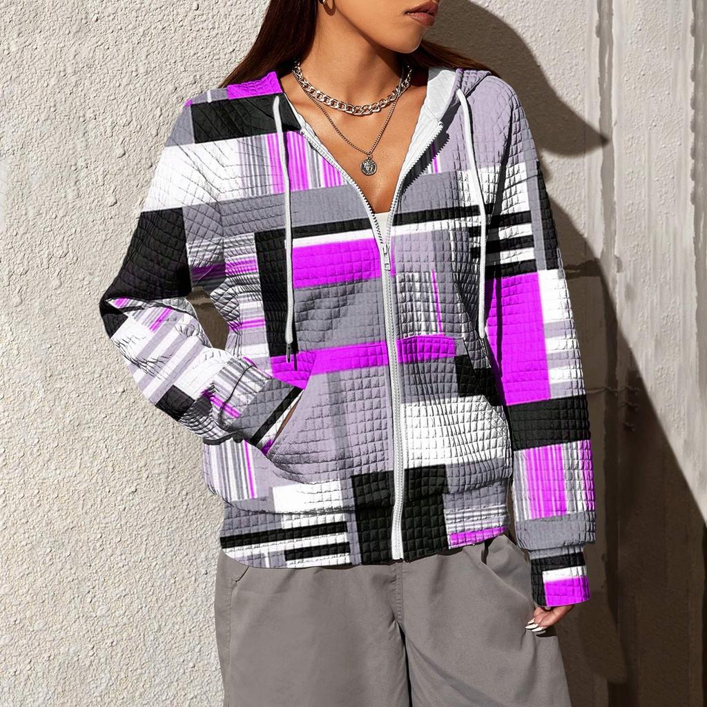 Damenmode Unregelmäßiger Geometrischer Druck Langarm Tasche Locker Reißverschluss Kapuzen-Hoodie Jacke