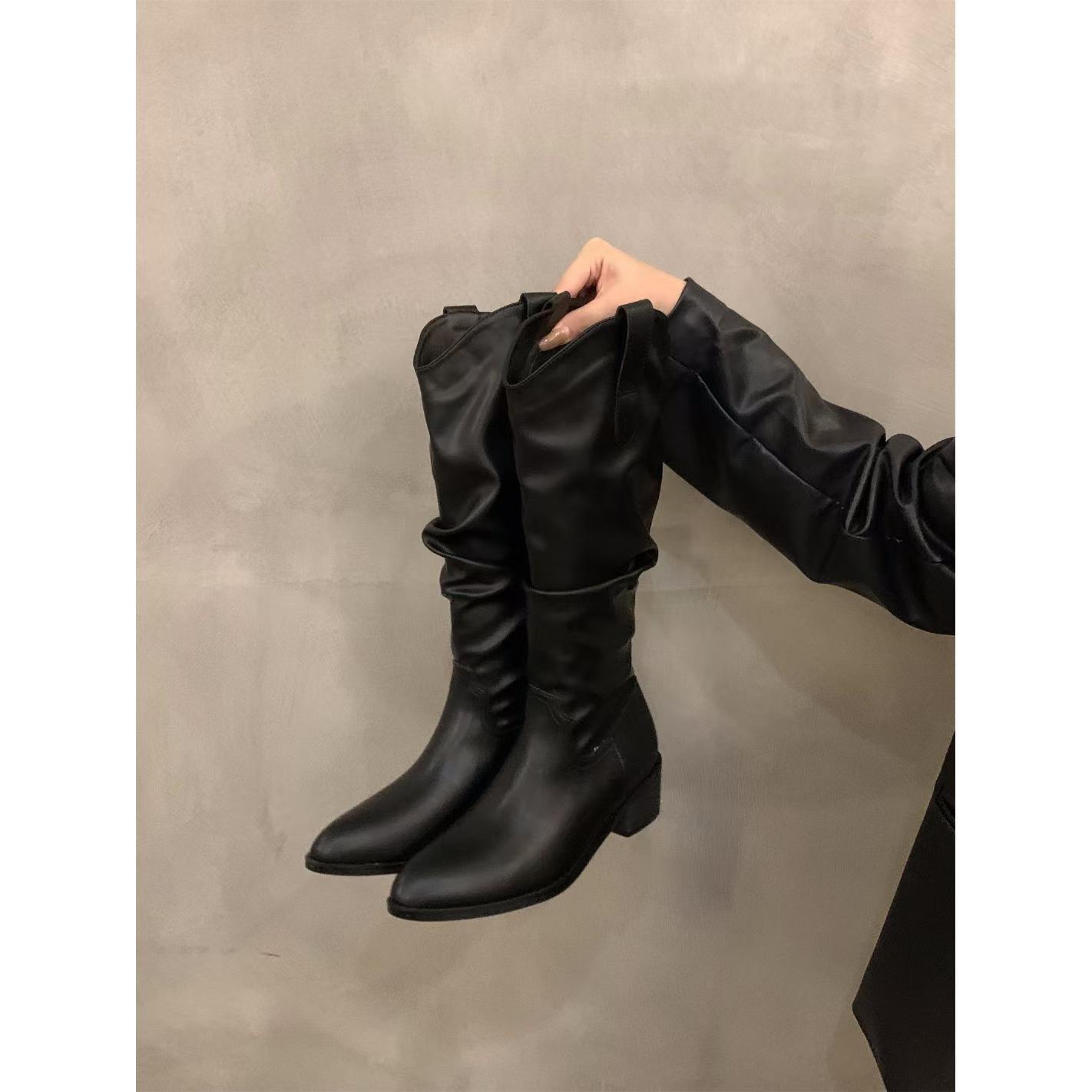 

2025 Fall Coarse Heel Vintage Brown V-Mouth, Stacked Medium Boots Women s Shoes Pointed Western Cowboy Boots 35 чёрный