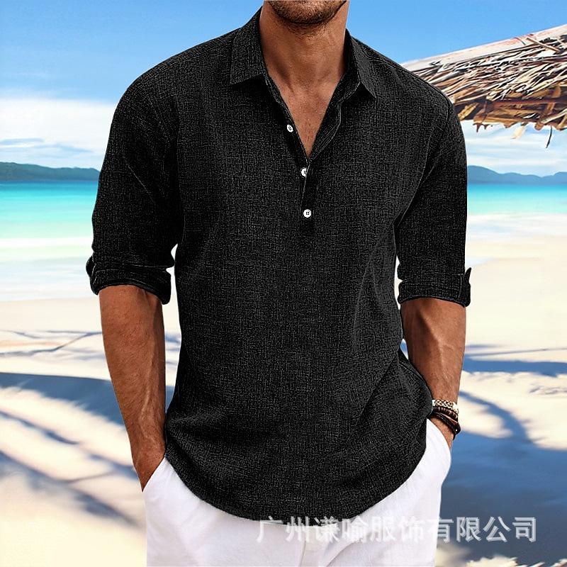 Men's Solid Color Shirt Linen Lapel Long Sleeve Casual Breathable