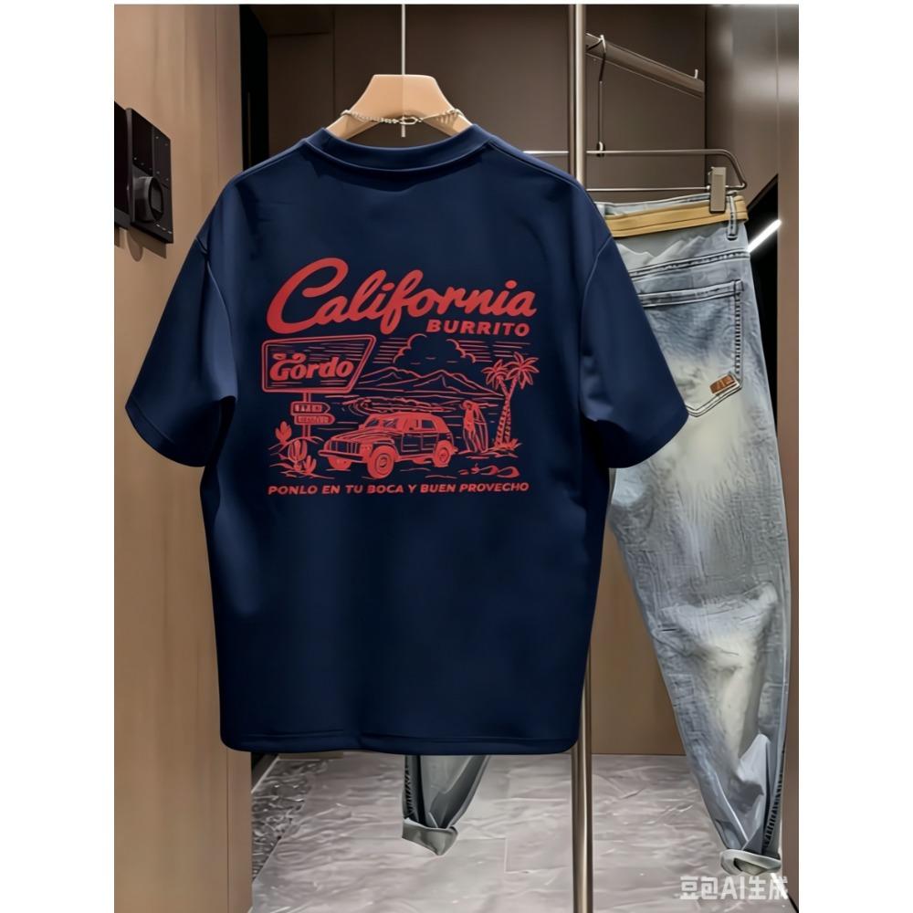 Summer Men Cotton Loose T Shirt Vintage California Beach Car Palm Tree Back Print Crew Neck Short Sleeve