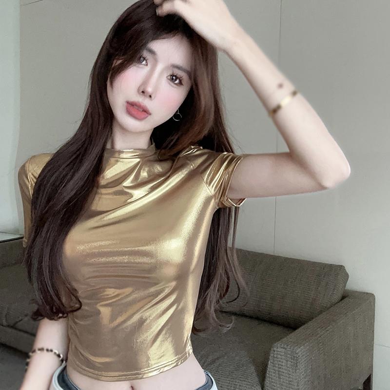 Women Metallic Glossy Half-Neck Slim Crop Top Short Sleeve T-Shirt