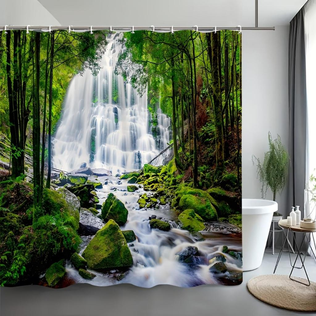 Natural Scenery Waterfall Shower Curtain Plant Lake River Landscape Bath Decor Bathroom Waterproof Polyester Cloth Curtain