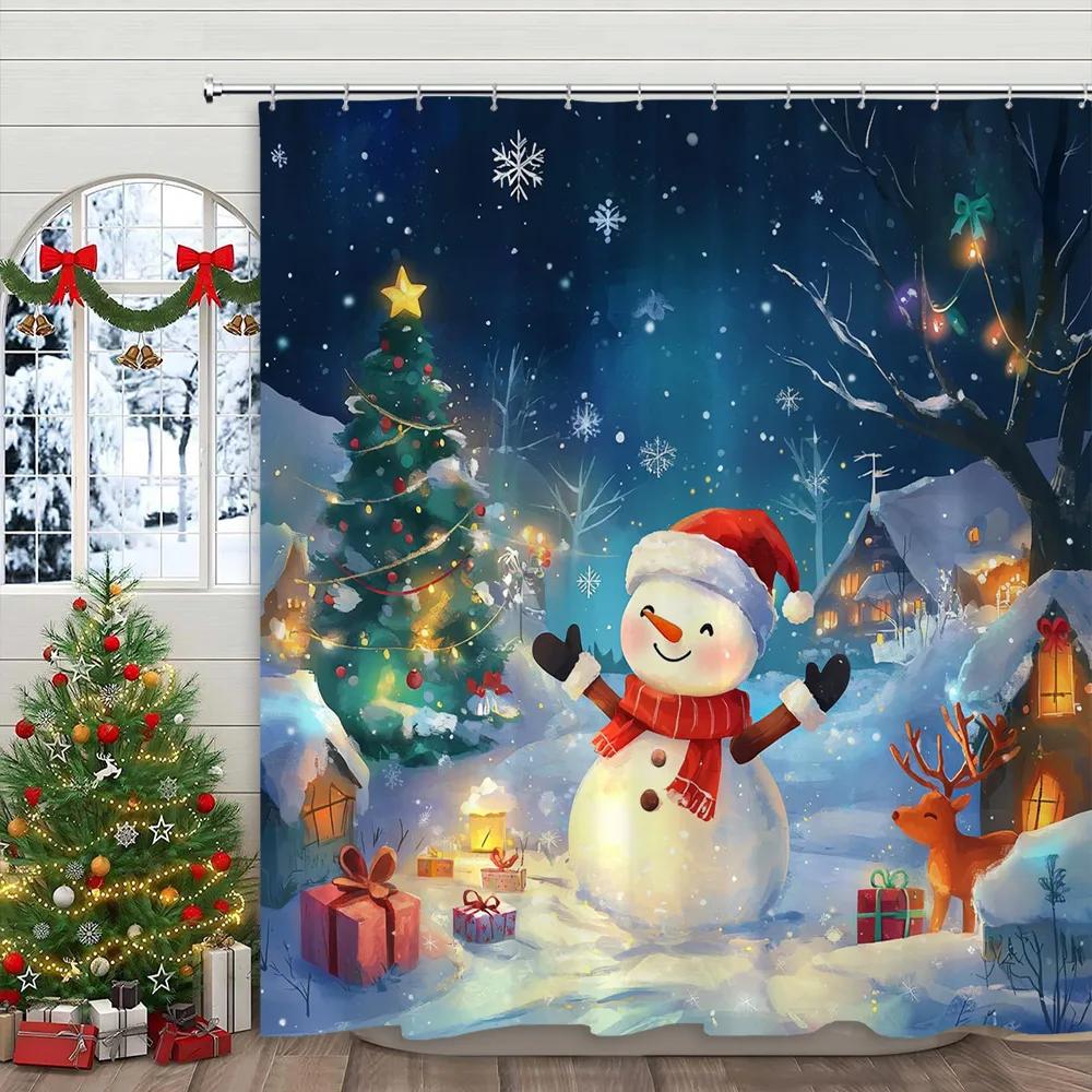 Pink Christmas Printed Shower Curtain Cute Snowman and Christmas Tree Gift Polyester Shower Curtains Bathroom Decor with Hooks