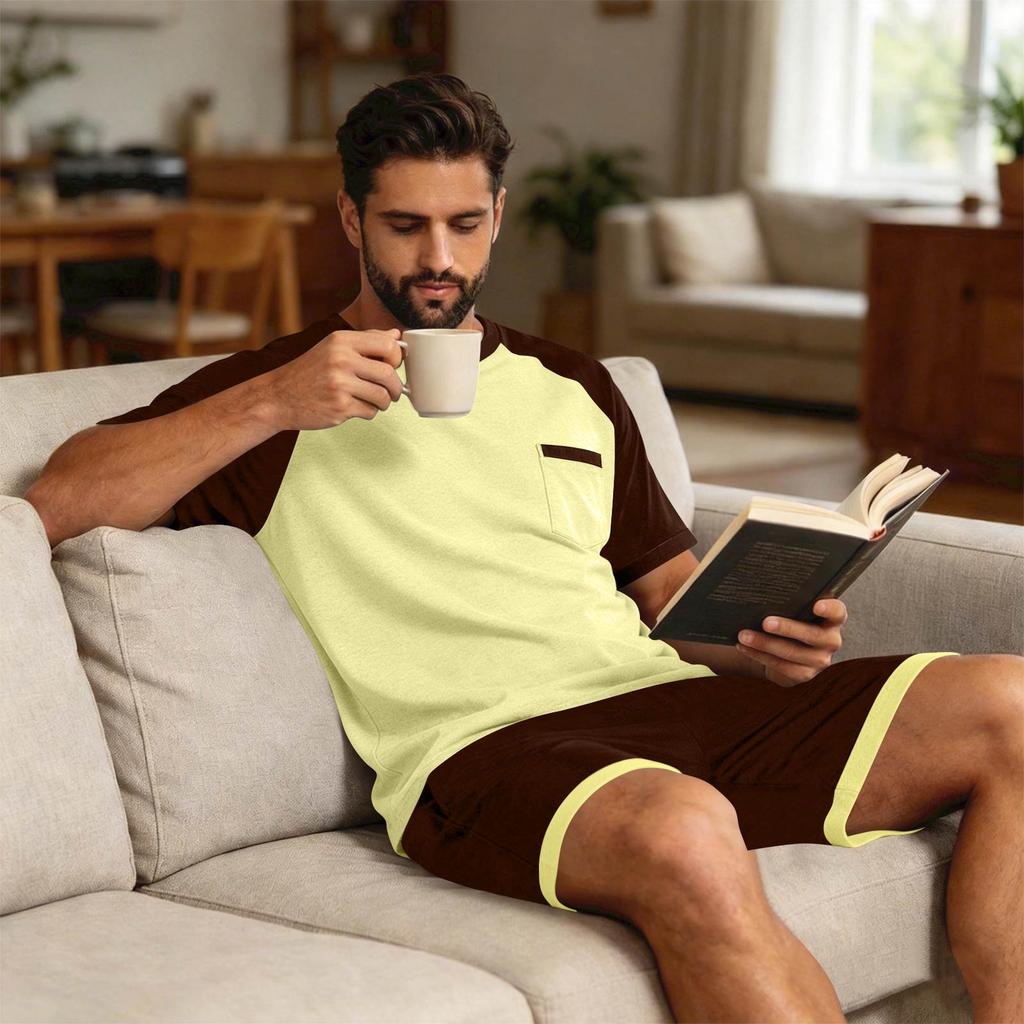 Herren Sommer-Pyjama-Set Kurzarm-Oberteil mit Tasche und passender Hose Leichte atmungsaktive Nachtwäsche Loungewear