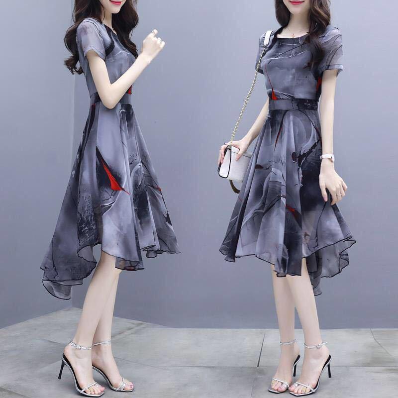 2026 Summer Women s Short Sleeve Chiffon Swallowtail Dress with Korean Print L
