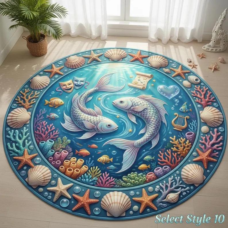Pisces Shell 2D Fish Circular Carpet Pink Fish Pisces Art Theatre Theme Rug Mat Creative Floor Carpet Home Decoration Carpet 100cm x 100cm