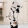Women Plus Size Black Beige Printed Asymmetric Cutout Neck Hooded Long Sleeve Fitted Top
