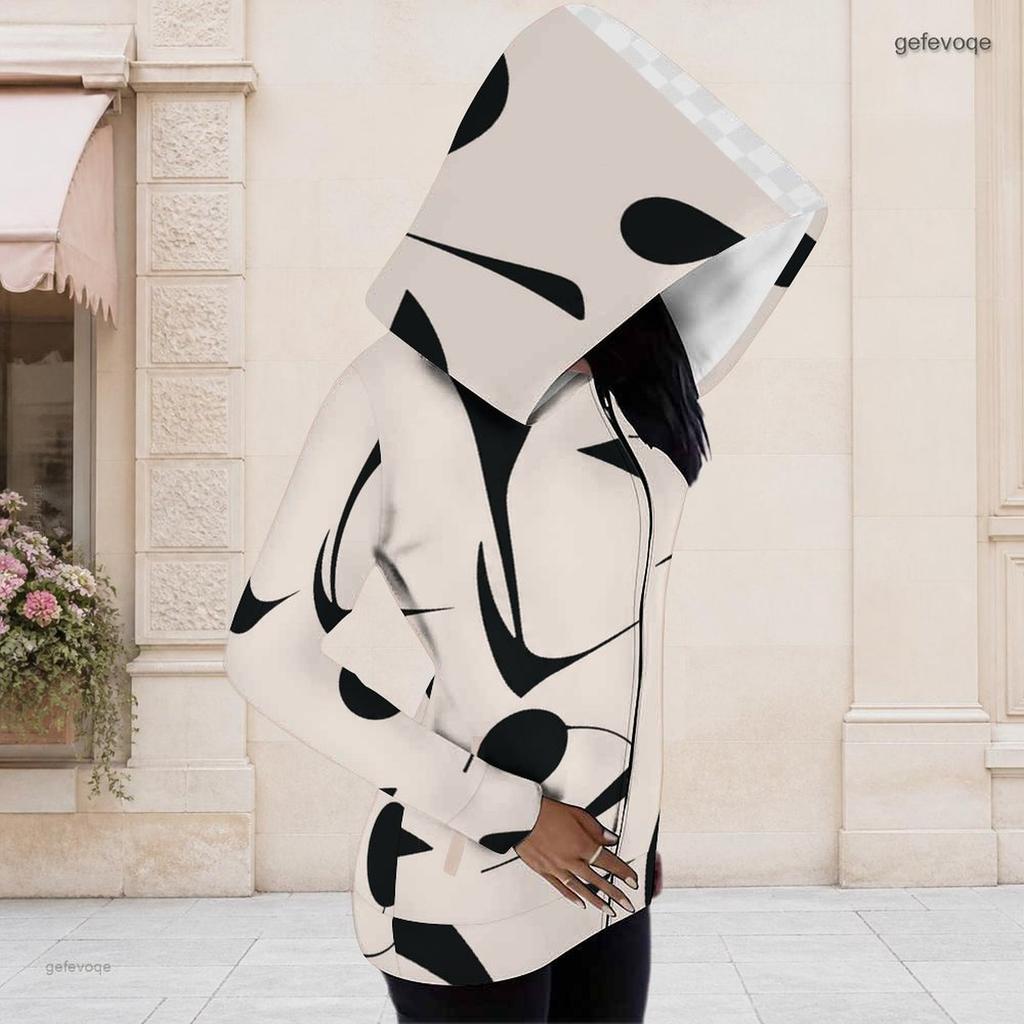 Women Plus Size Black Beige Printed Asymmetric Cutout Neck Hooded Long Sleeve Fitted Top