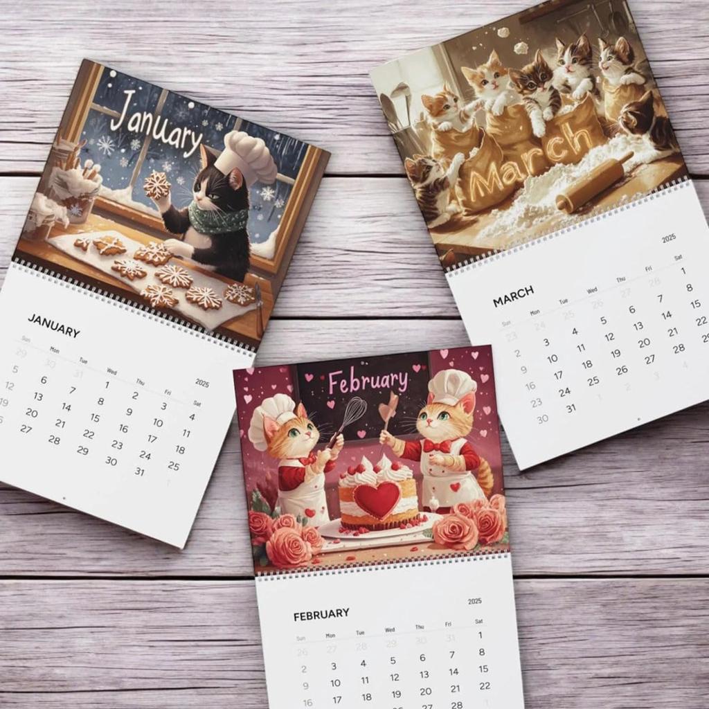 12 Monthly Fun Cooking Cats Calendar With Creative Illustration,Double-Spiral-Bound Cooking Cat Calendar,Unique Gift For Cat Lovers And Foodies