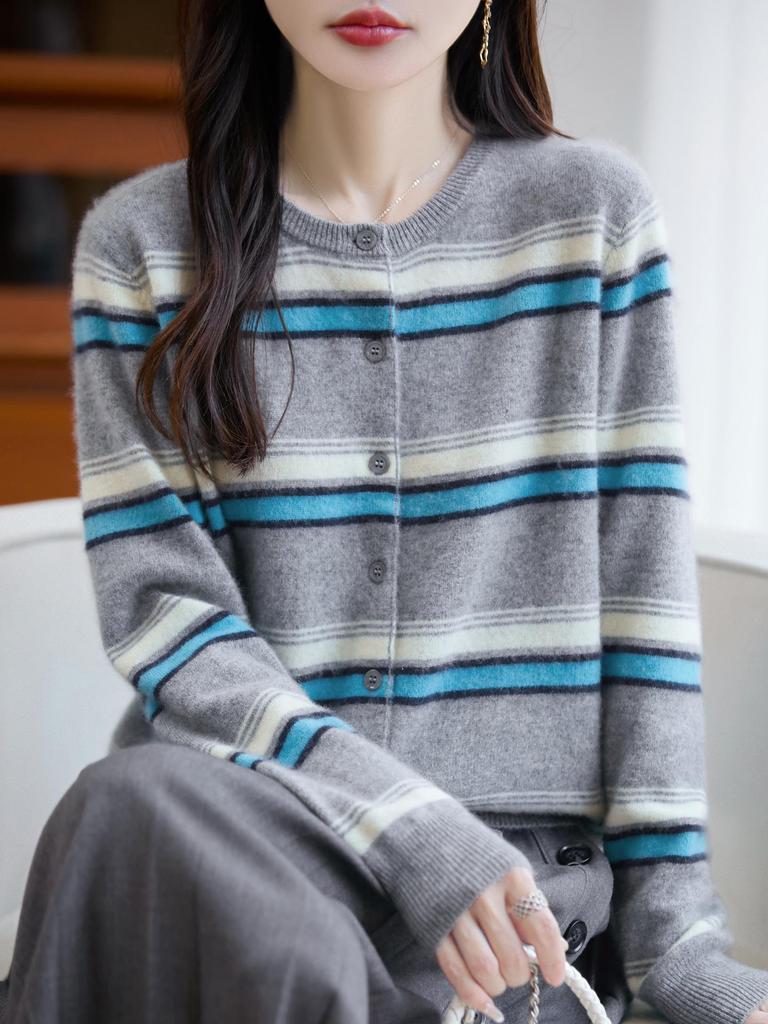 100% Wool Striped Cashmere Button-Up Sweater for Women - Korean Style, Autumn/Winter Collection