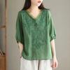 Summer Women's Literary Vintage Embroidery Cotton Linen Shirt Ladies Half Sleeve Loose Casual Blouse Women's Clothing Tops