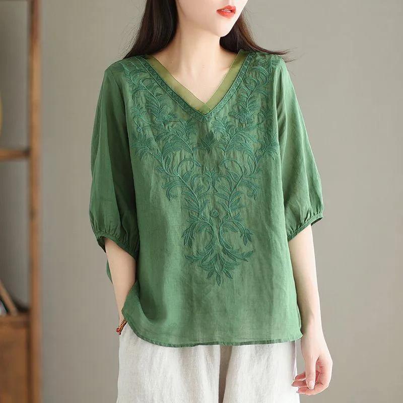 Summer Women's Literary Vintage Embroidery Cotton Linen Shirt Ladies Half Sleeve Loose Casual Blouse Women's Clothing Tops