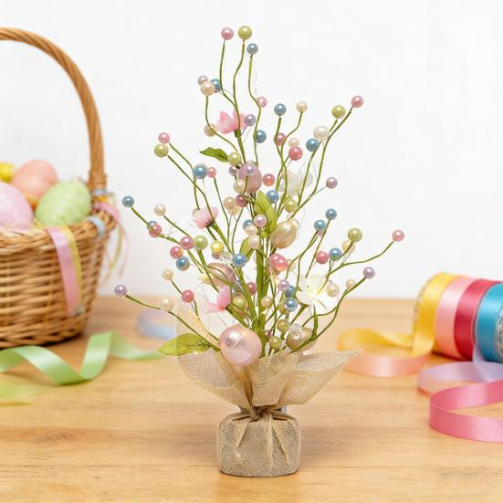 Pre-lit Easter Egg Tree with Burlap Base Battery Powered Easter Birch Tree with LED Light Tabletop Centerpiece for Home Table Spring Party Decoration