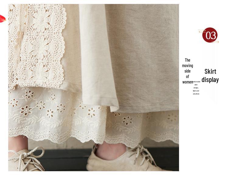 Japanese Mori Girl Linen Half Skirt: Women's Elastic Waist, Heavy Embroidery, Mid-Length A-Line Design.