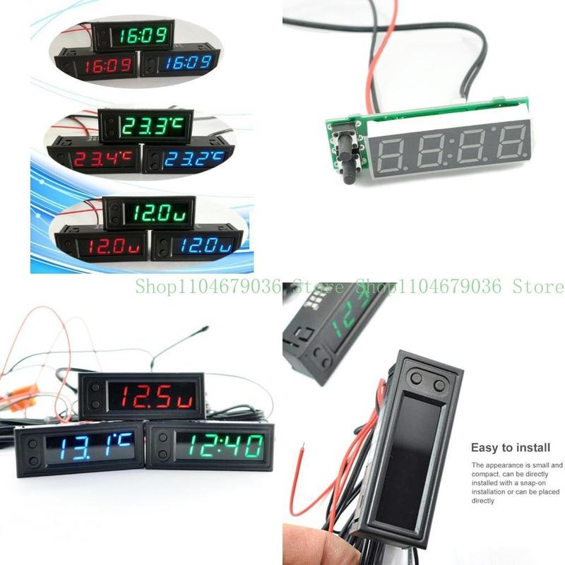 Adjustable Car Temperature Clock 12V 3 in 1 Thermometers Voltmeter Gauge Electronic Clock LED Digital Display LCD Screen