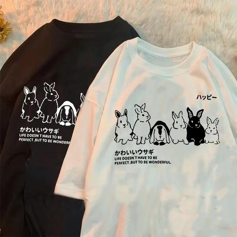 Japanese Cute Rabbit Pattern Women Summer Short Sleeve Shirt Summer Casual Streetwear Lady Clothes Harajuku Oversized T Shirt