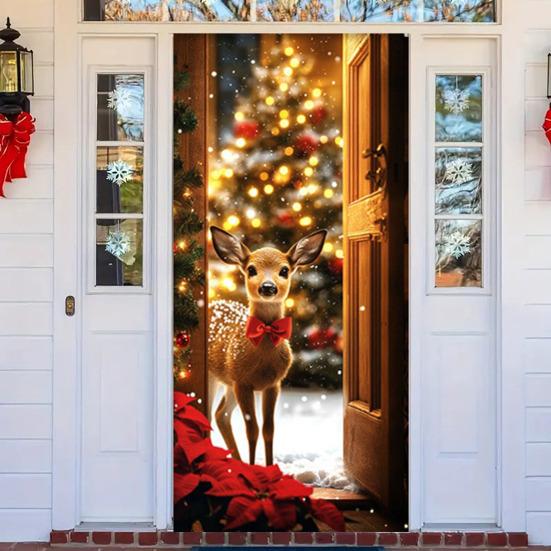 Christmas Door Cover Cute Reindeer Front Door Cover 35x82in Porch Welcome Sign Banner for Winter Holiday Party Photo Backdrop Decor