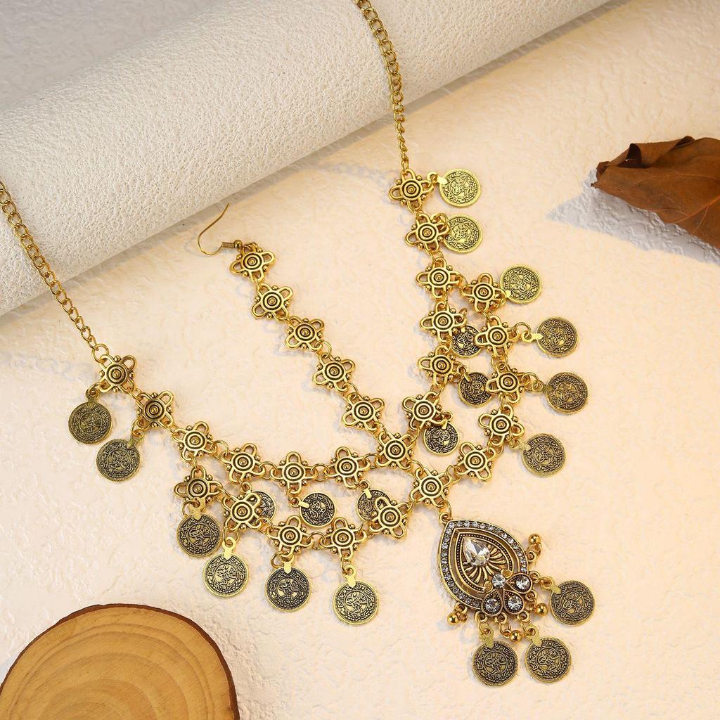 Bohemian Exotic Rhinestone Tassel Necklace & Earrings Set In Antiqued Alloy