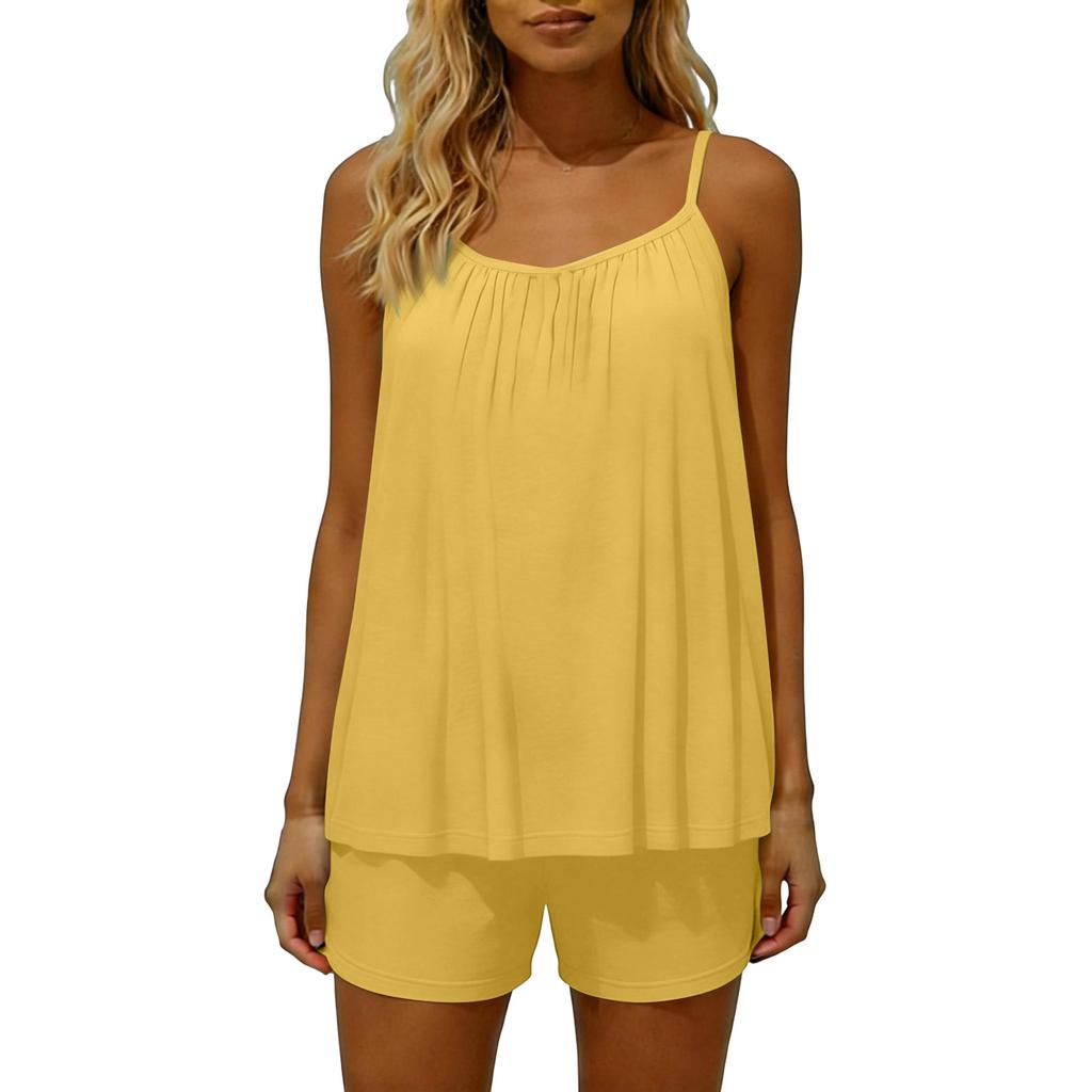 Women's Color Loose Fitting Backless Sleeveless Pullover Top And Elastic Waist, Pocketless Shorts Set.