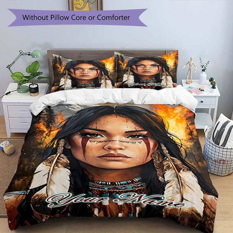 3pcs Custom Name Native Spirit Fire Bedding Set Printed Bedding Set Duvet Cover Closure Includes 1 Duvet Cover & 2 Pillowcases Bedroom Decor