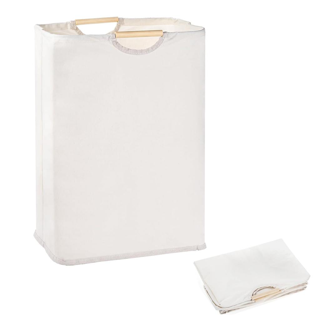 VitalBloom Foldable Laundry Basket with Wooden Handle, White, 40 x 27 x 53 cm
