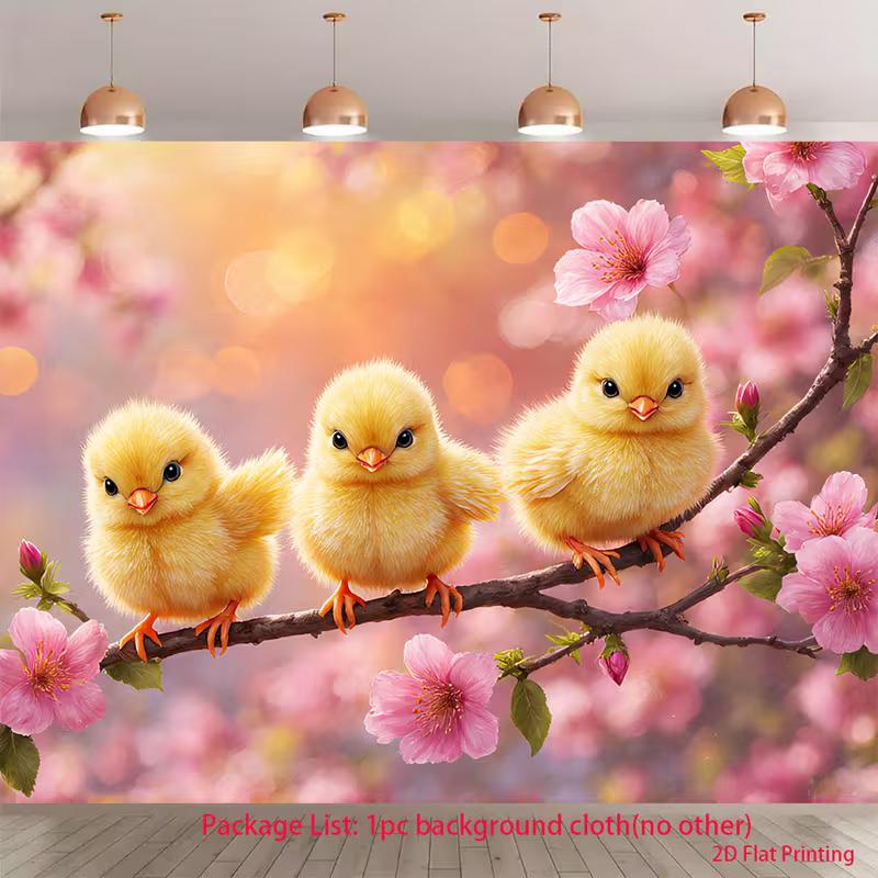 

2D Spring Chick Backdrop Fluffy Yellow Chicks on Sakura Branch Photo Background for Themed Photoshoot 47.2x31.5inch/120*80cm