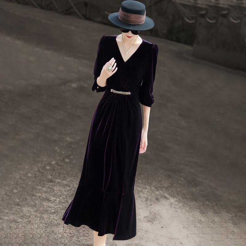 Lanseer Elegant Beaded V-Neck Lace Velvet Dress M