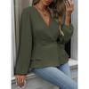 Damen einfarbiges doppelreihiges langärmliges Oberteil mit elegantem V-Ausschnitt und plissiertem Design, geeignet für Dates und Arbeit, kombiniert