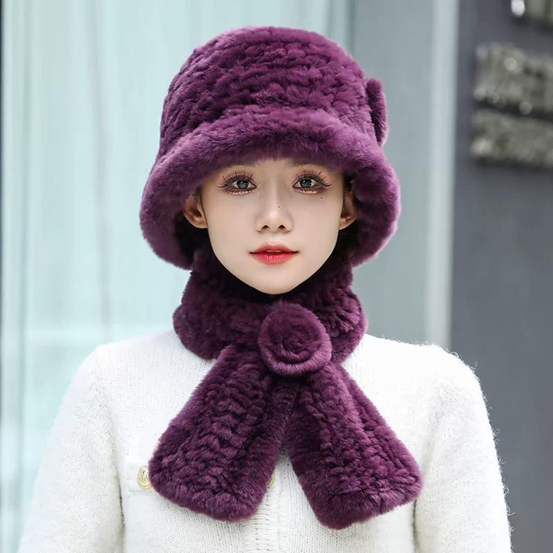 Middle-aged and Elderly Rex Rabbit Hair Hat, Scarf Set, Women's Winter Old Lady Two-piece Set, Women's Mother and Grandmother Thermal Hat