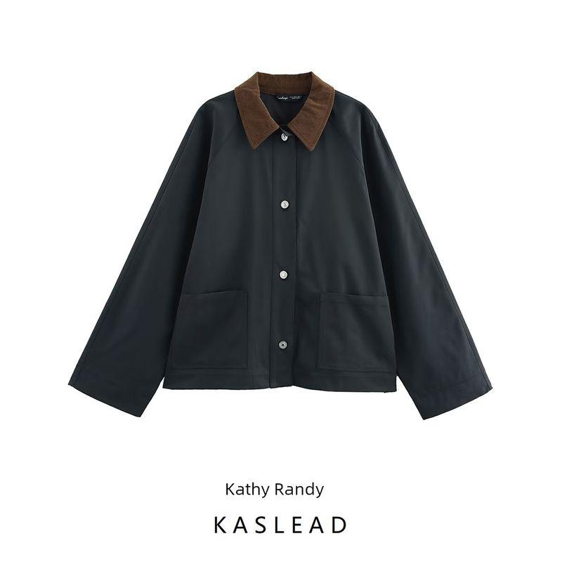 Kaslead New Arrival Women's Clothing Fashion Style Fashion Corduroy Neckline Waxing Leather Coat 4341981