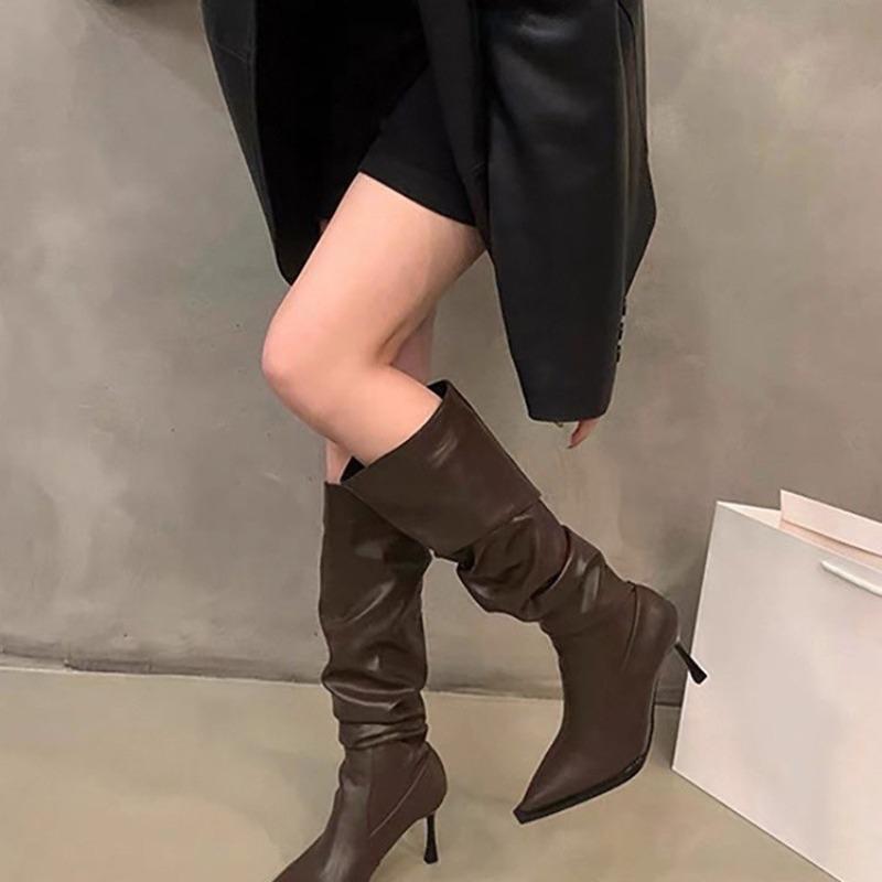 Over-the-knee Boots Women Fashion Pointed Toe Black Side Zipper Thin High Heels Female Shiny Pleated High Heel Botas 2025