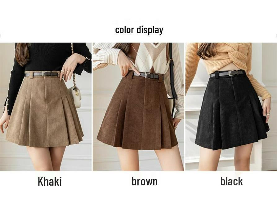 Women's High-Waist Khaki Corduroy A-Line Pleated Midi Skirt for Autumn/Winter 2025