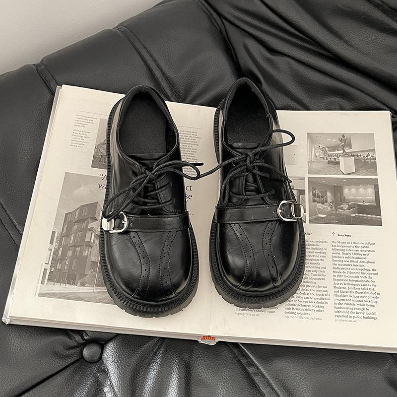 

British style design sense thick sole heightening small leather shoes women s autumn and winter Korean version versatile lace-up belt buckle loafer s 35 чёрный