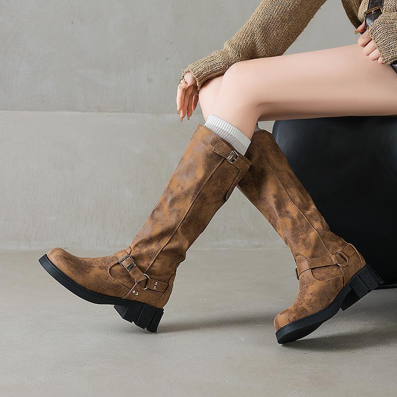 Autumn And Winter Women'S Boots Belt Buckle High Boots Knight Boots Low Heel Locomotive Boots 40-43 Large Size Boots