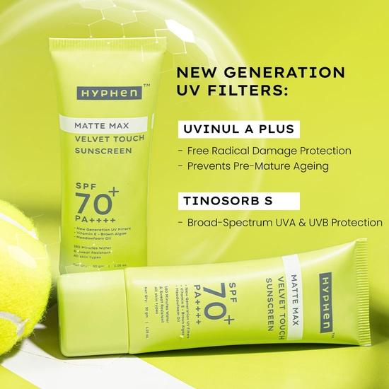 Hyphen Matte Max Velvet Touch Sunscreen Spf 70+ Pa++++|Sun Protection|Sun Shield| Combination & All Skin Types-30G